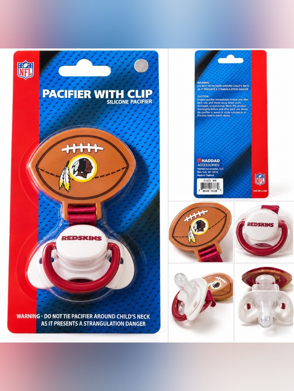 🍎 Nwt Washington Redskins NFL Baby Silicone Pacifier w/ Clip Infant Licensed